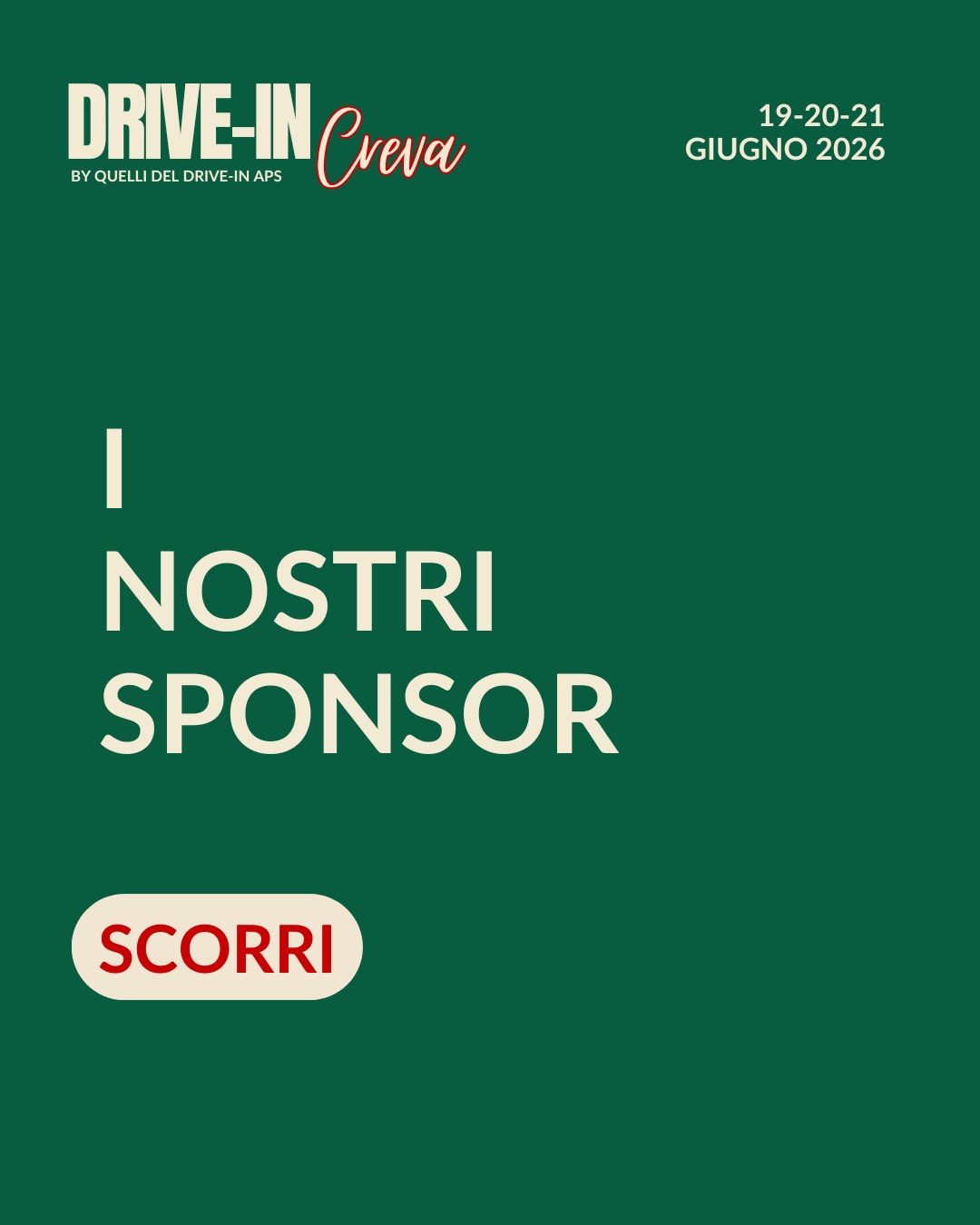 Grazie a tutti gli sponsor per aver sostenuto anche questa terza edizione del drive-in ❤️🍿
Ci vediamo da stasera ✨